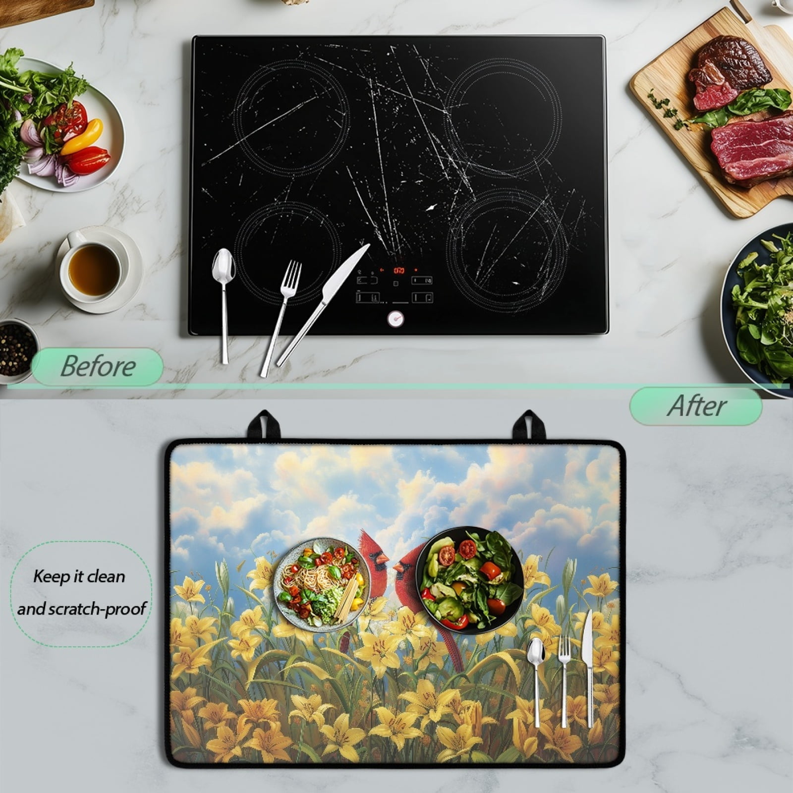 Xoenoiee Cardinal Lily Print Stove Top Cover for Electric Stove, Stove Cover 29.18 x 20.96 inch, Heat Resistant Stove Top Mat, Silicone Stove Mat for Glass Top Stove, Dish Drying Mat for Kitchen