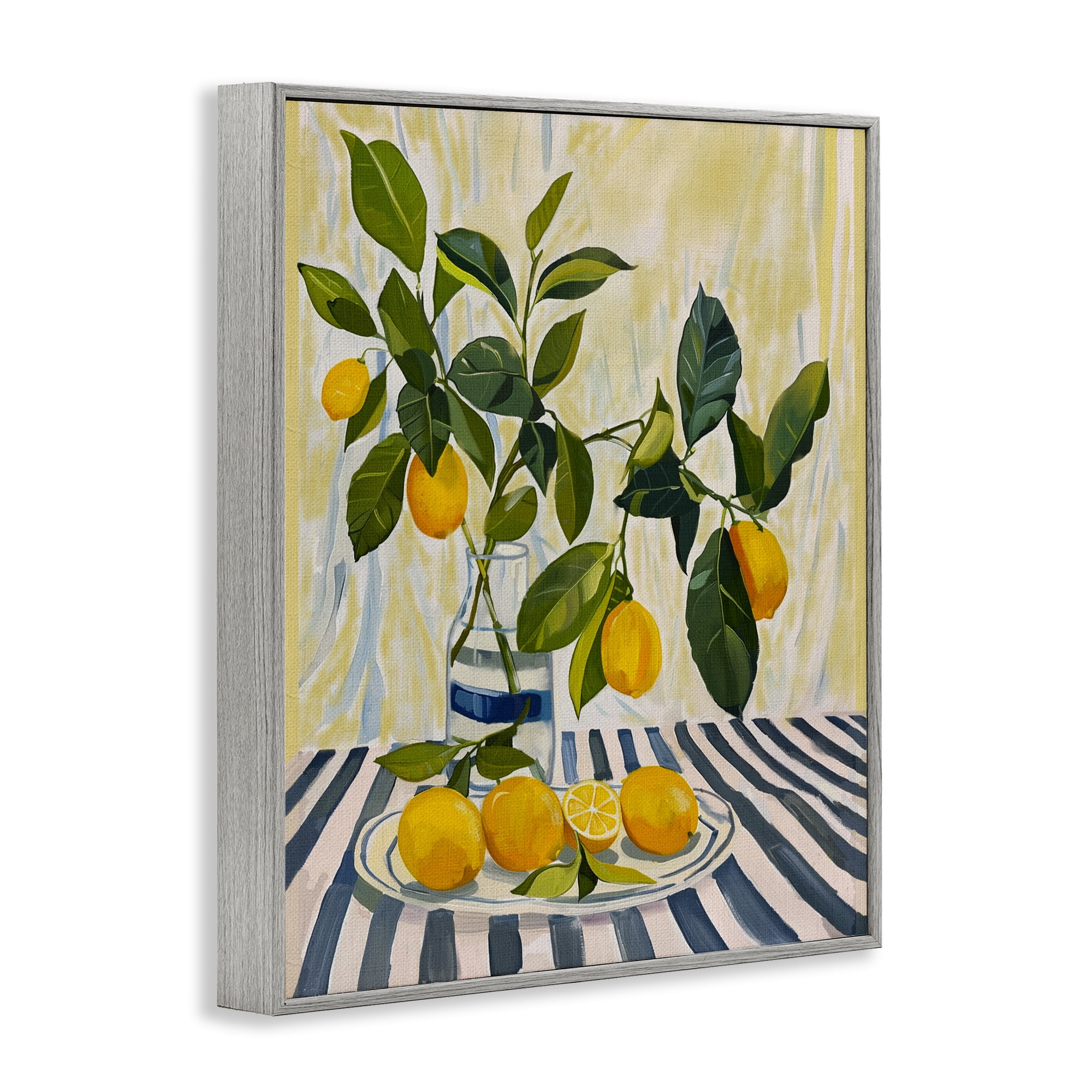 Stupell Industries Lemons on Striped Tablecloth Gray Framed Giclee Art, design by Yen