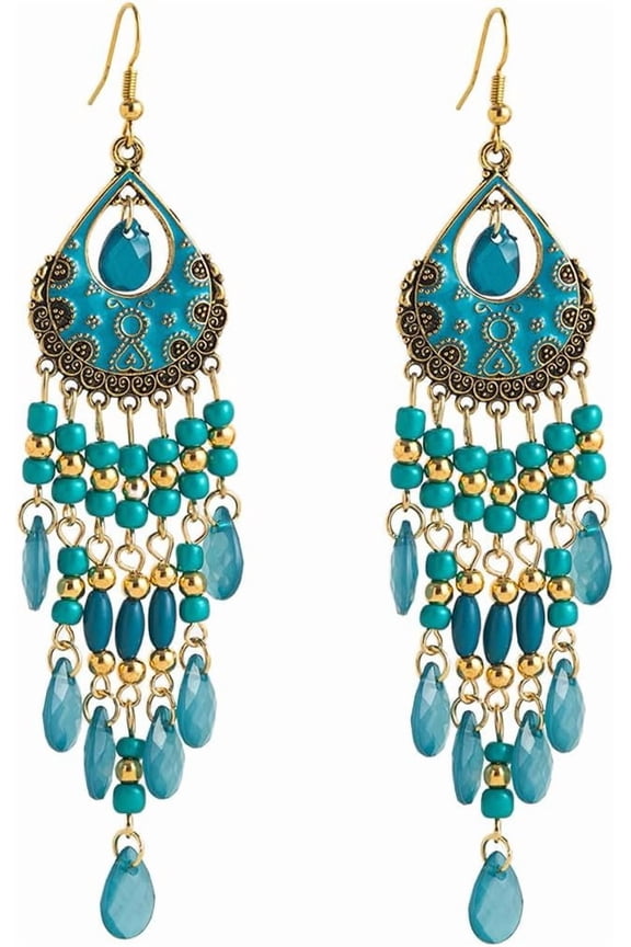 Boho Long Teardrop Beaded Tassel Dangle Earrings for Women Gold-Toned Bohemian Crystal Beads Fringe Dangling Drop Statement Earrings Enamel Flower Link Piercing Fish Hook Native Tribal Ethnic Jewelry