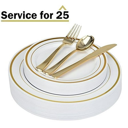 Spode Christmas Silverware Stock Your Home Elegant 125 Piece Gold Rim Plastic Place Setting Set with Gold Silverware - Solid, Disposable & Heavy-duty Includes: 25 Dinner Plates, 25 Dessert Plates, 25 Forks, 25 Knives, 25 Spoons ()