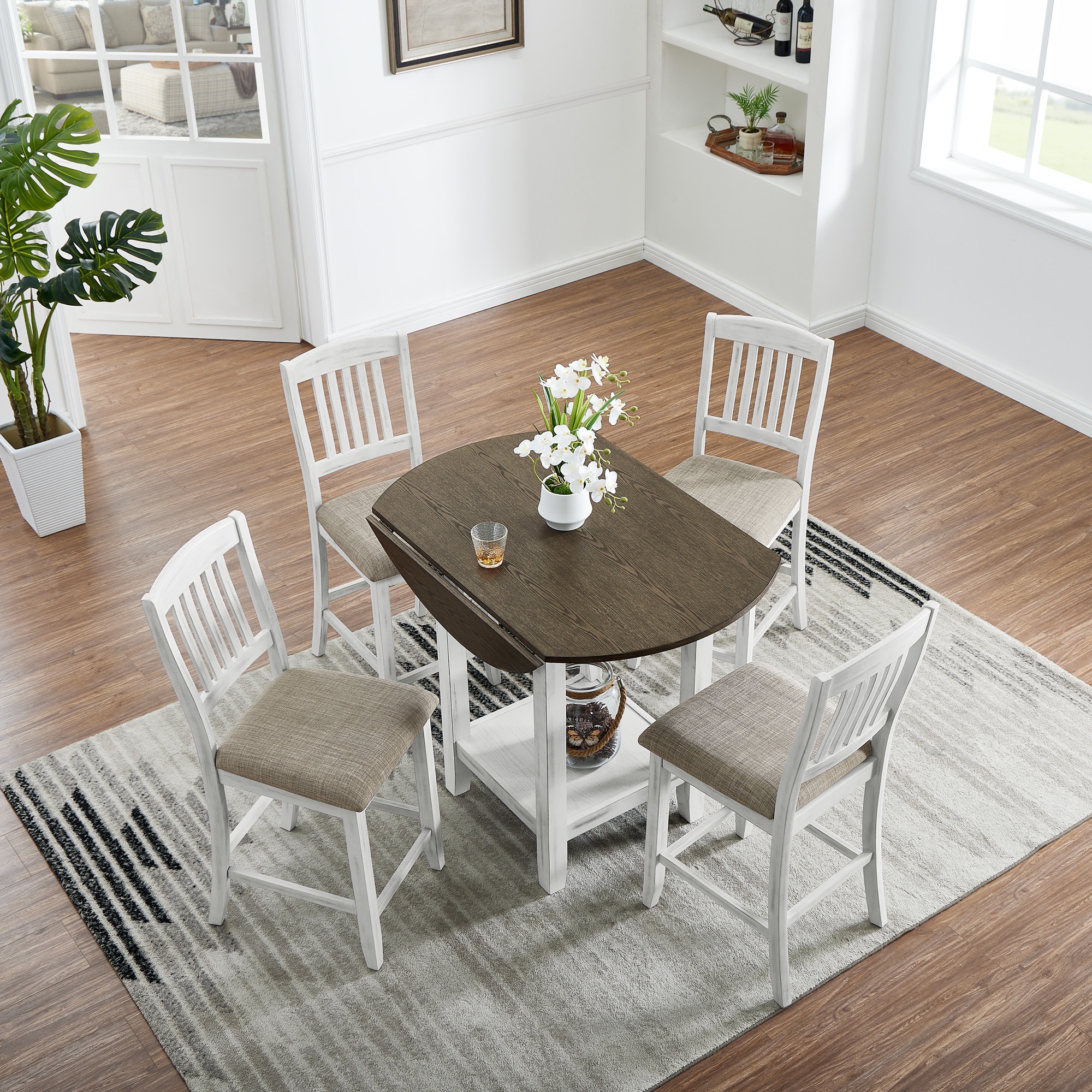 PORKISS Round Large Dining Table Sets for 4, Solid Wood Extendable Kitchen Table Set with 4 Upholstered Chairs, Dining Room Set with Storage Space, Brown White #2
