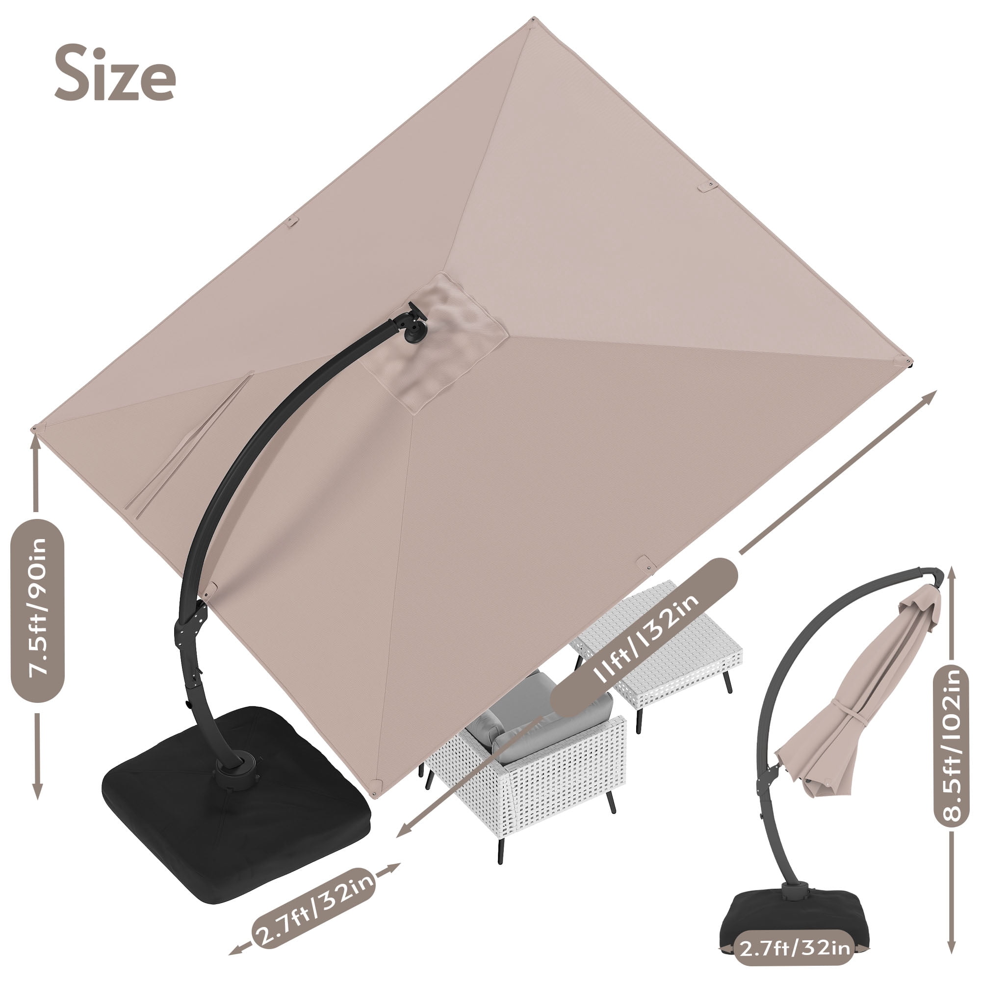 LAZZO 11ft Outdoor Patio Umbrella with Base and Light, All-Aluminum Offset Cantilever Umbrella for Pool & Backyard, Champagne