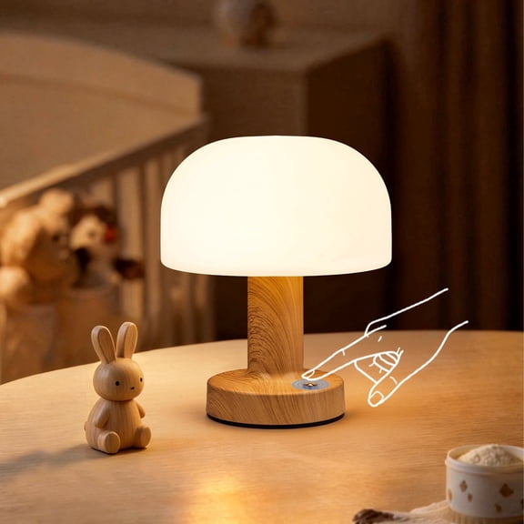Walchoice Cordless Table Lamp, Rechargeable Touch Control Lamp with 3 Color Modes & Stepless Dimming, Portable Dome Shade Night Light for Bedroom, Nightstand, Nursery, Living Room, Wood Grain