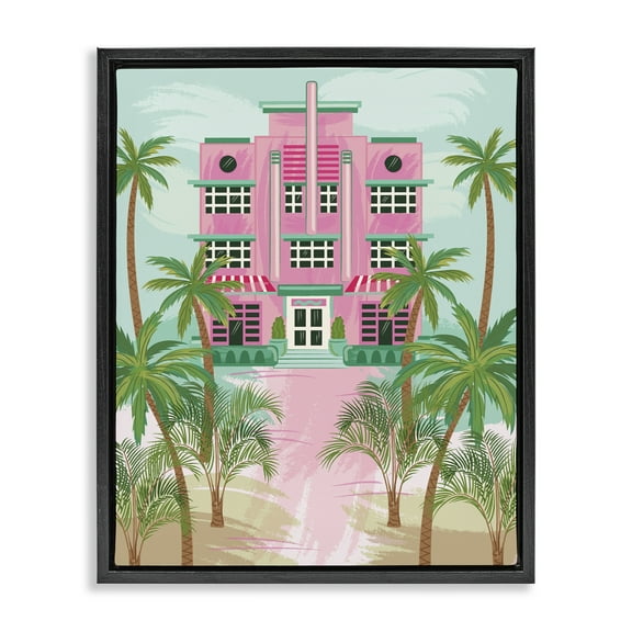 Stupell Industries Tropical Palm Hotel Nautical & Beach Painting Black Floater Framed Canvas Art Print Wall Art, 17 x 21