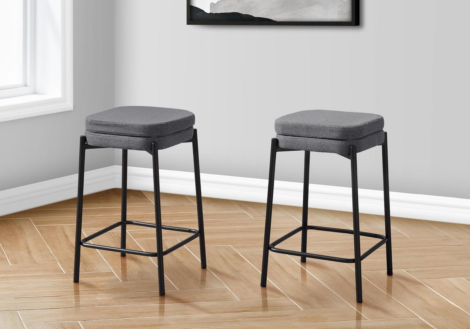 Monarch Specialties Barstool, Counter Height, Set Of 2, Kitchen, Black Leather Look, Black Metal, Contemporary, Modern