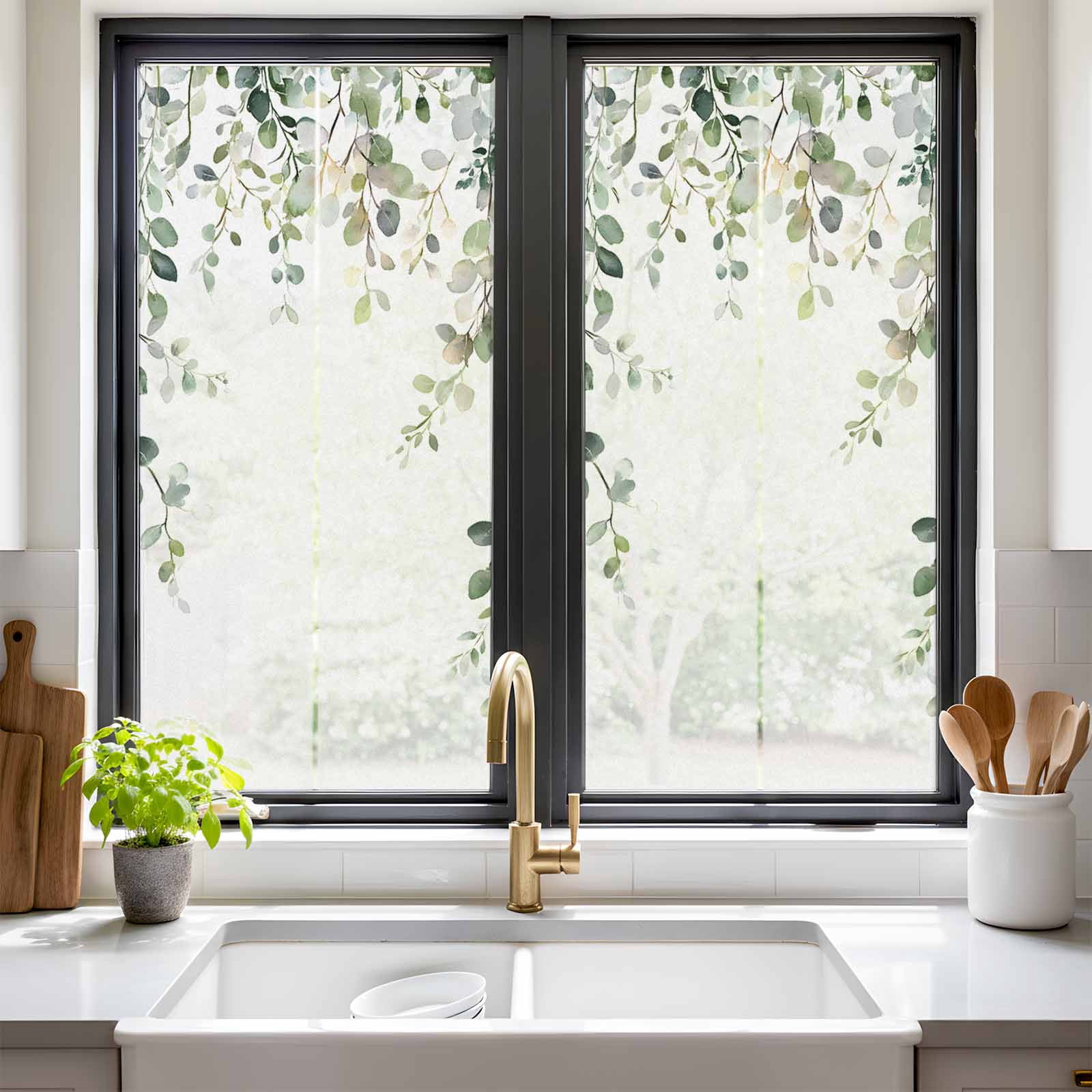 Removable Glass Window Covering, Eucalyptus Leaves Window Privacy Film Frosted, Pastoral Farmhouse Spring Botanical Decorative Privacy Windows Film for Bedroom, Living Room, 19.6 x 39.3 Inches