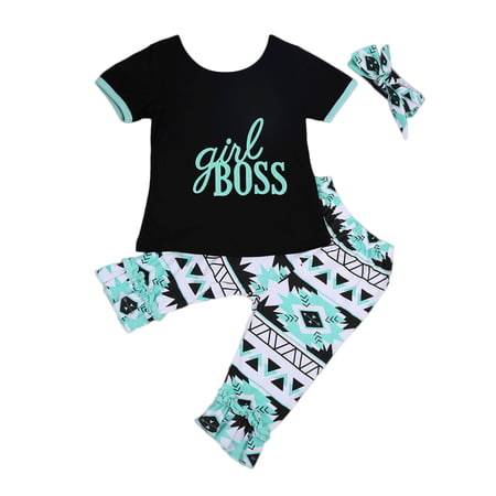 New Toddler Baby Girls T-shirt Tops+Pants Headband Outfits Kids Clothes New Green 1-2