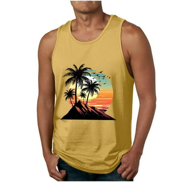 Awdenio New Arrivals Summer Workout Tank Tops for Men Coconut Tree Printing Round Neck Thin Strap Sleeveless Leakage Back Casual Sports T Shirts Vest