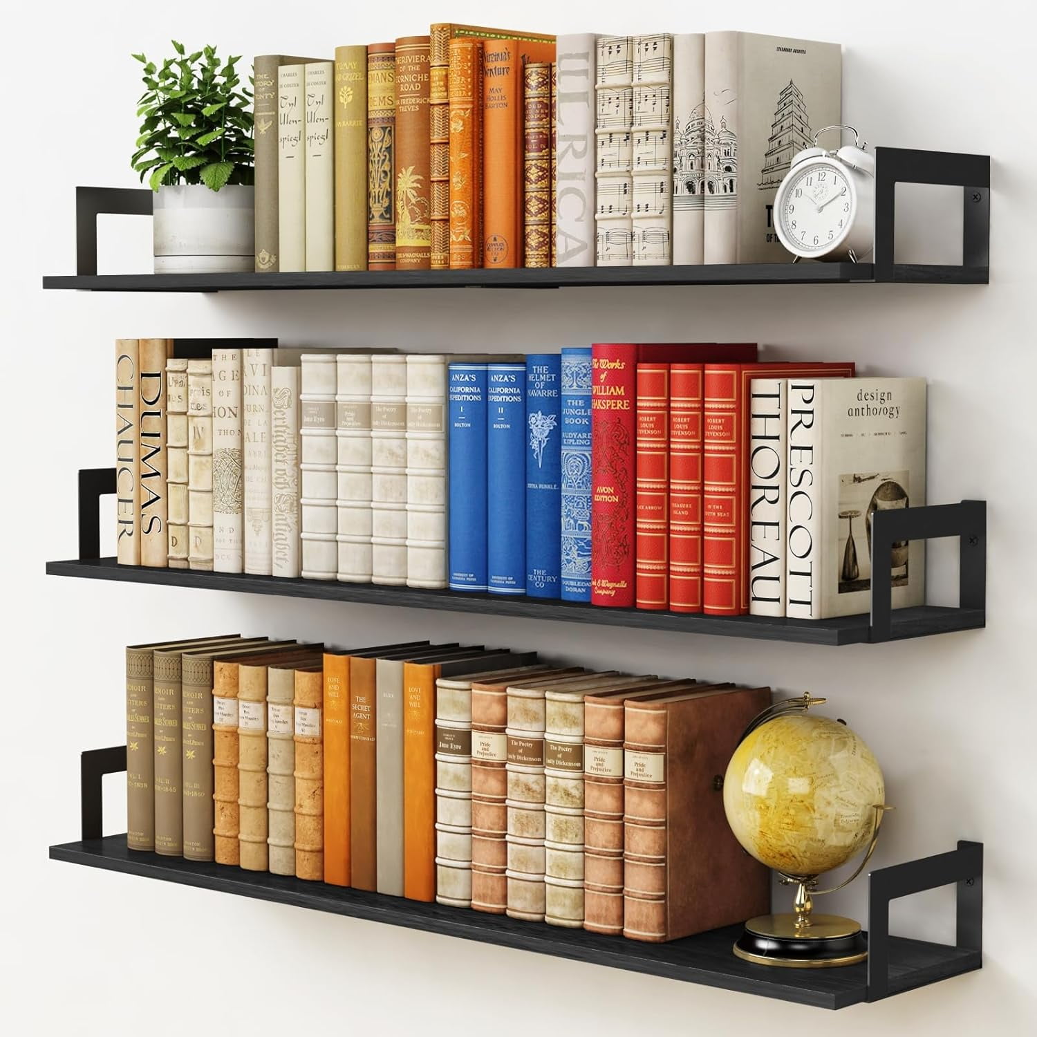 White Floating Book Shelves for Wall, 36 Inch Wall Bookshelf for Kids Bedroom, Large Deep Hanging Shelves with Metal Brackets for Living Room Office Décor Indoor Plants (3-Pack)
