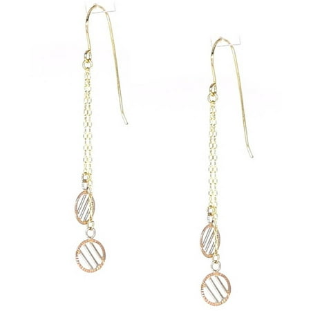 American Designs 14kt Yellow and Rose Gold Diamond-Cut Double Round Circle Dangle and Drop Chain Earrings, French Wire