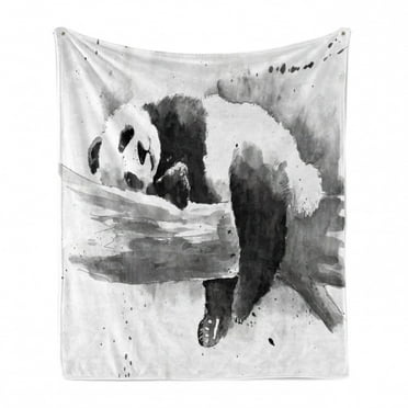 Panda Soft Flannel Fleece Throw Blanket, Panda Lying on a Tree Branch Classic Watercolor Painting Style Artwork Print, Cozy Plush for Indoor and Outdoor Use, 70" x 90", Black White, by Ambesonne