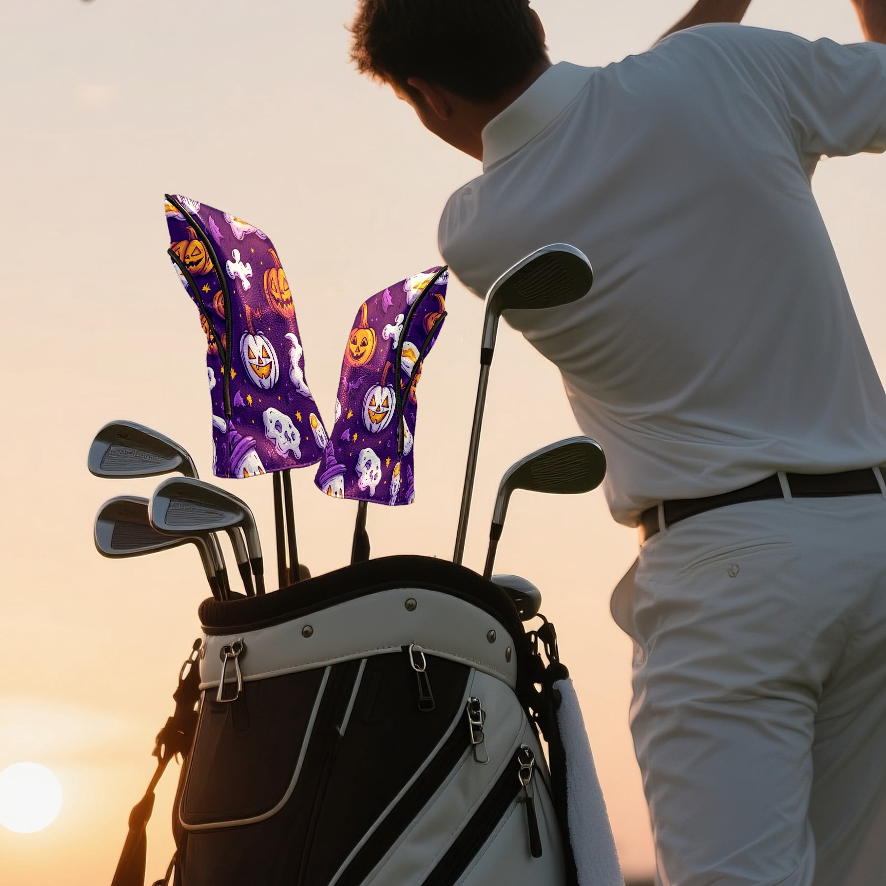 Golf Club Covers PU Leather Waterproof Head Covers for Fairway Woods Hybrids Halloween Cartoon Style