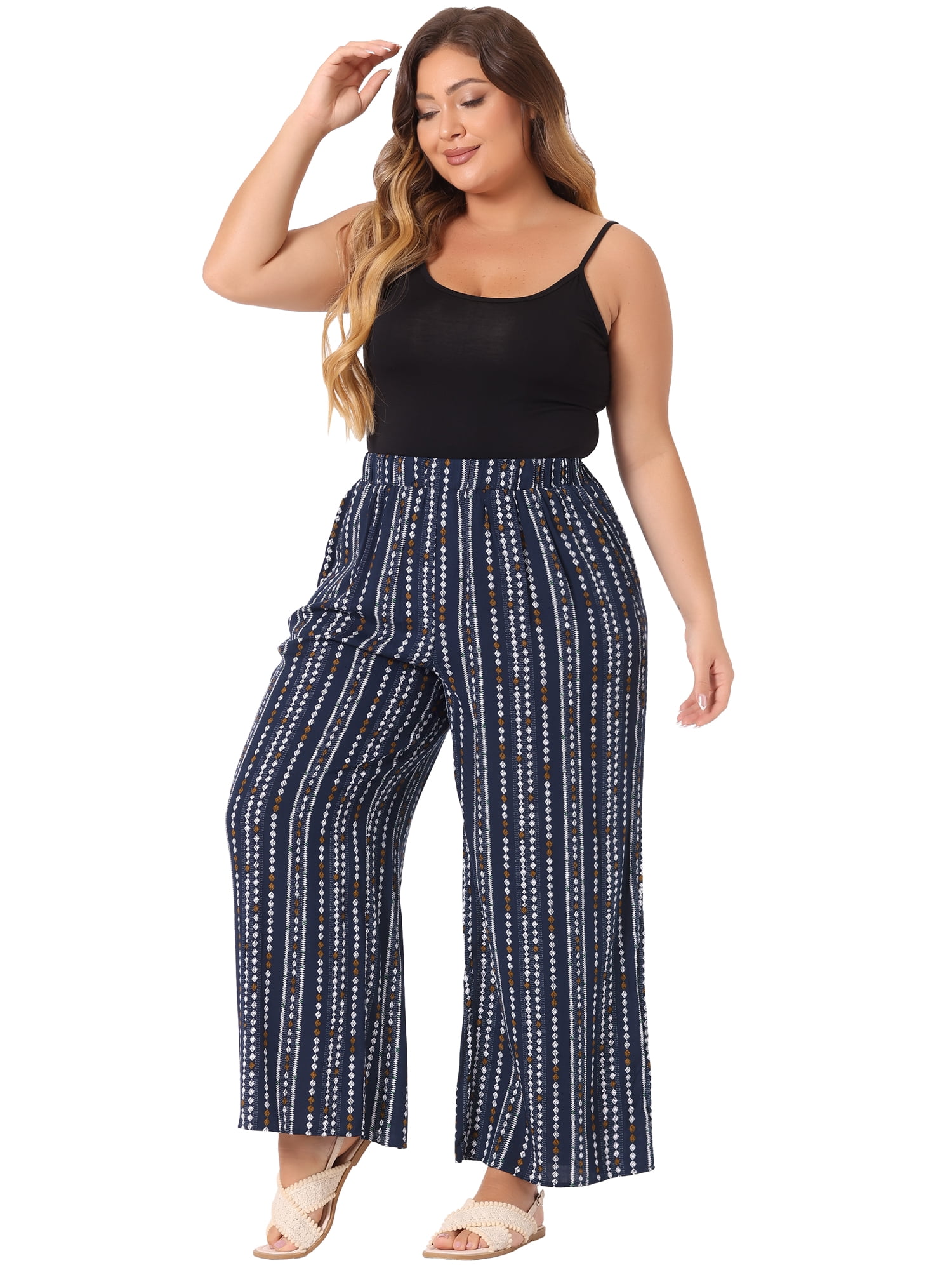 DARING DIVA Women's Plus Stripe Boho Wide Leg Paper Bag Pants 4X Navy Blue