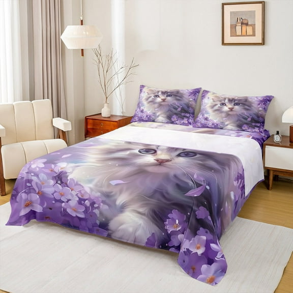Manfei Cartoon Cat Lover Twin Sheet Sets, Kawaii Kitten Animal Twin Fitted Sheet, Dreamy Purple Floral Flat Sheet, Luxury Bedroom Decor, 3 Pieces