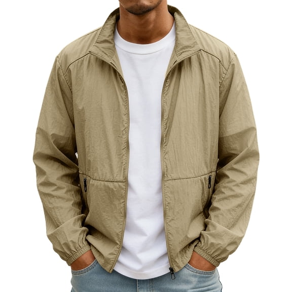 GrmtClth Rash Guard for Men Full Zip Long Sleeve Uv Sun Shirts Zip Up Lightweight Quick Dry Hiking Fishing Athletic Jackets Running Coat with Pockets Khaki S