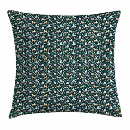 Acorn Throw Pillow Cushion Cover, Woodland Nature Illustration Mushroom Nuts Deer and Owl on Dark Green Background, Decorative Square Accent Pillow Case, 16 X 16 Inches, Multicolor, by