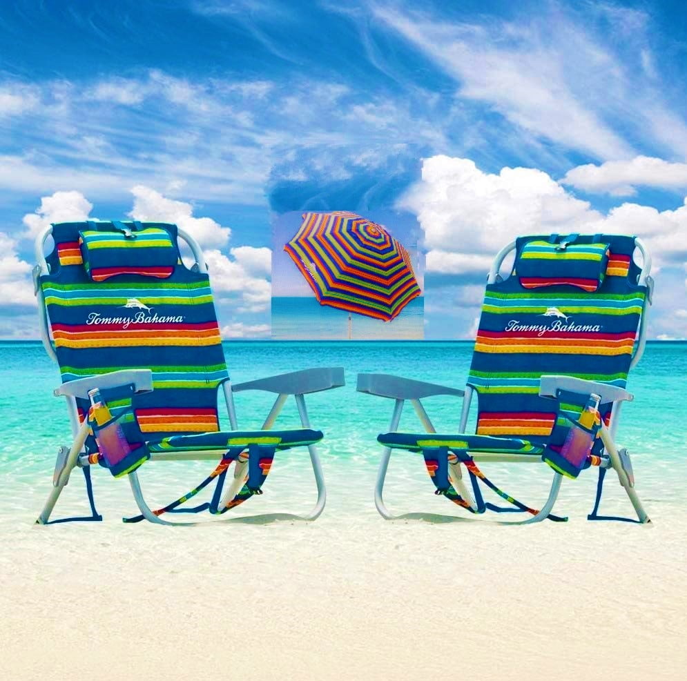 Tommy Bahama Green Stripe Beach Chair Set w/ Adjustable 8ft Umbrella LAST STOCK! 