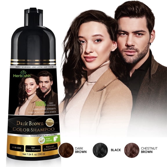 Herbishh Dark Brown Hair Color Shampoo for Gray Hair, Hair Dye Shampoo 3 in 1, 100% Gray Coverage, Permanent Hair Color for Men & Women, Ammonia-free, 200 ml