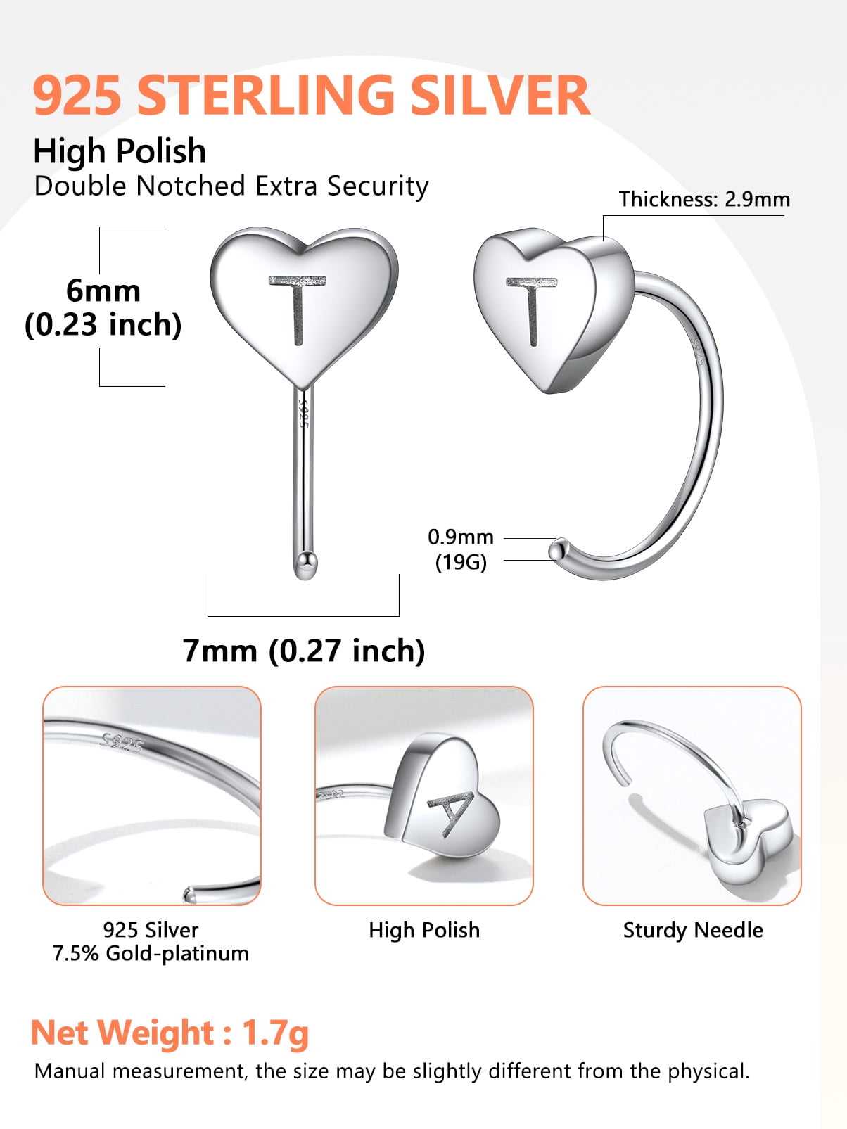 Silvora Half Hoop Earrings for Women Sterling Silver Heart Initial Earrings Minimalist Cartilage Piercing Open Huggie Ear Charms, Letter T