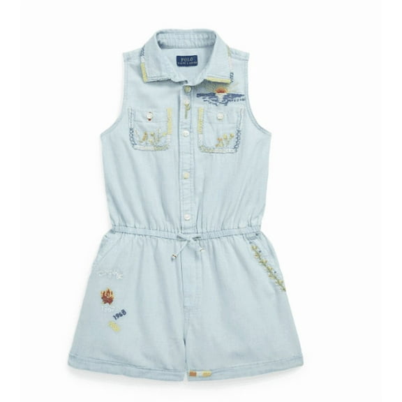 Ralph Lauren Childrenswear | Junior's Girl's Embroidered Cotton Chambray Romper, Light Rinse, Size 14