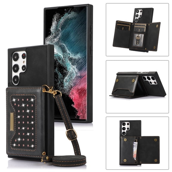 Compatible with Samsung Galaxy S23 Ultra Case, Crossbody Diamond Bling Sparkle Wallet Case, Adjustable Detachable Lanyard Neck Strap with Kickstand Leather Card Slot Protective Cover, Black