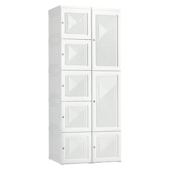 Portable Wardrobe Closet - Folding Clothes Organizer, 8 Cube Armoire with Hanging Rod & Magnet Doors, Space Saving Bedroom Storage - White White   ABS