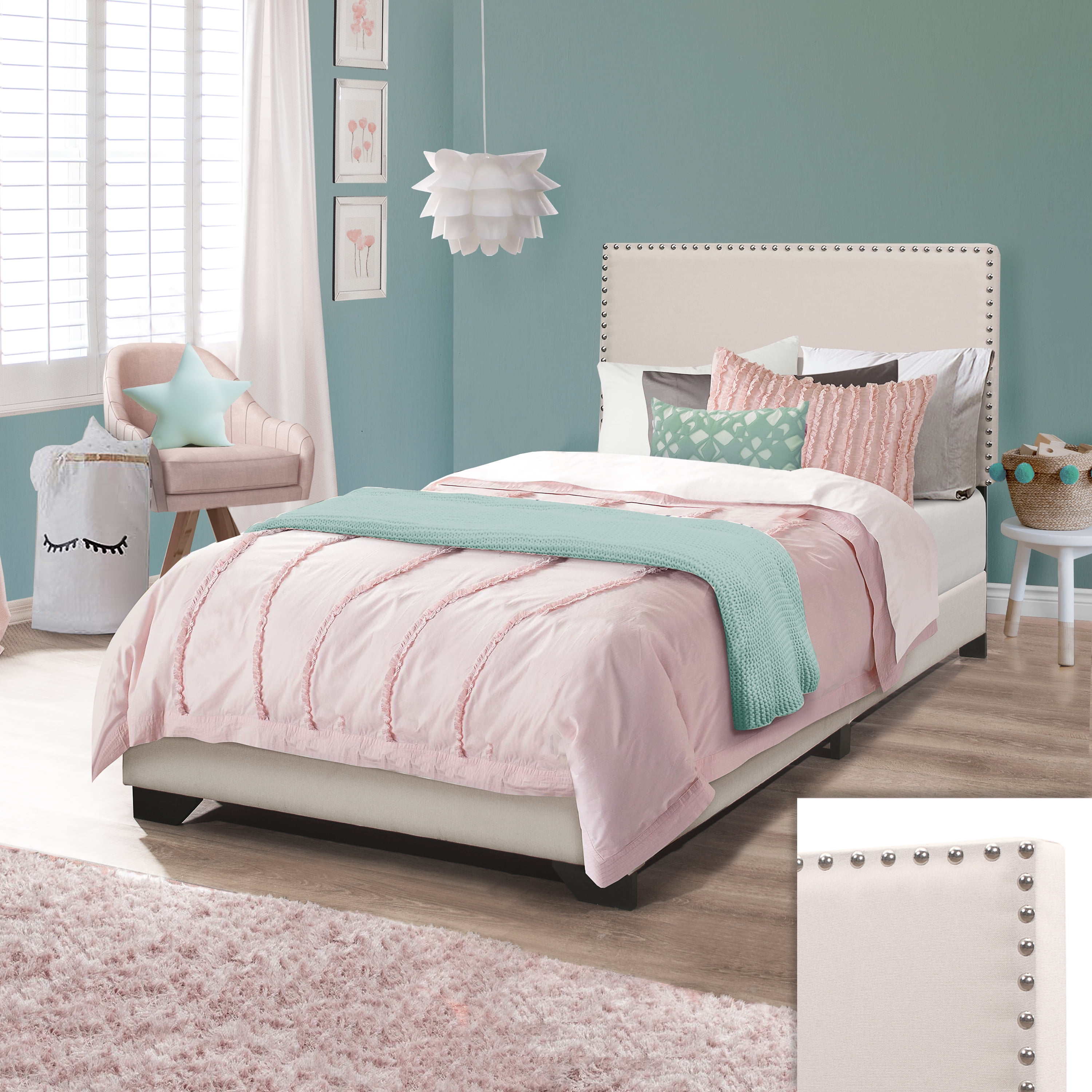 Skylar Nailhead Trim Upholstered Twin Platform Bed, Beige