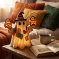 thumbnail image 5 of 2026 Rustic Lighted Halloween Ghost Decor, Vintage Patchwork Ghost with Light Up Pumpkin, Farmhouse Style Fall Figurine for Mantel Shelf Tabletop Display (SetB), 5 of 8