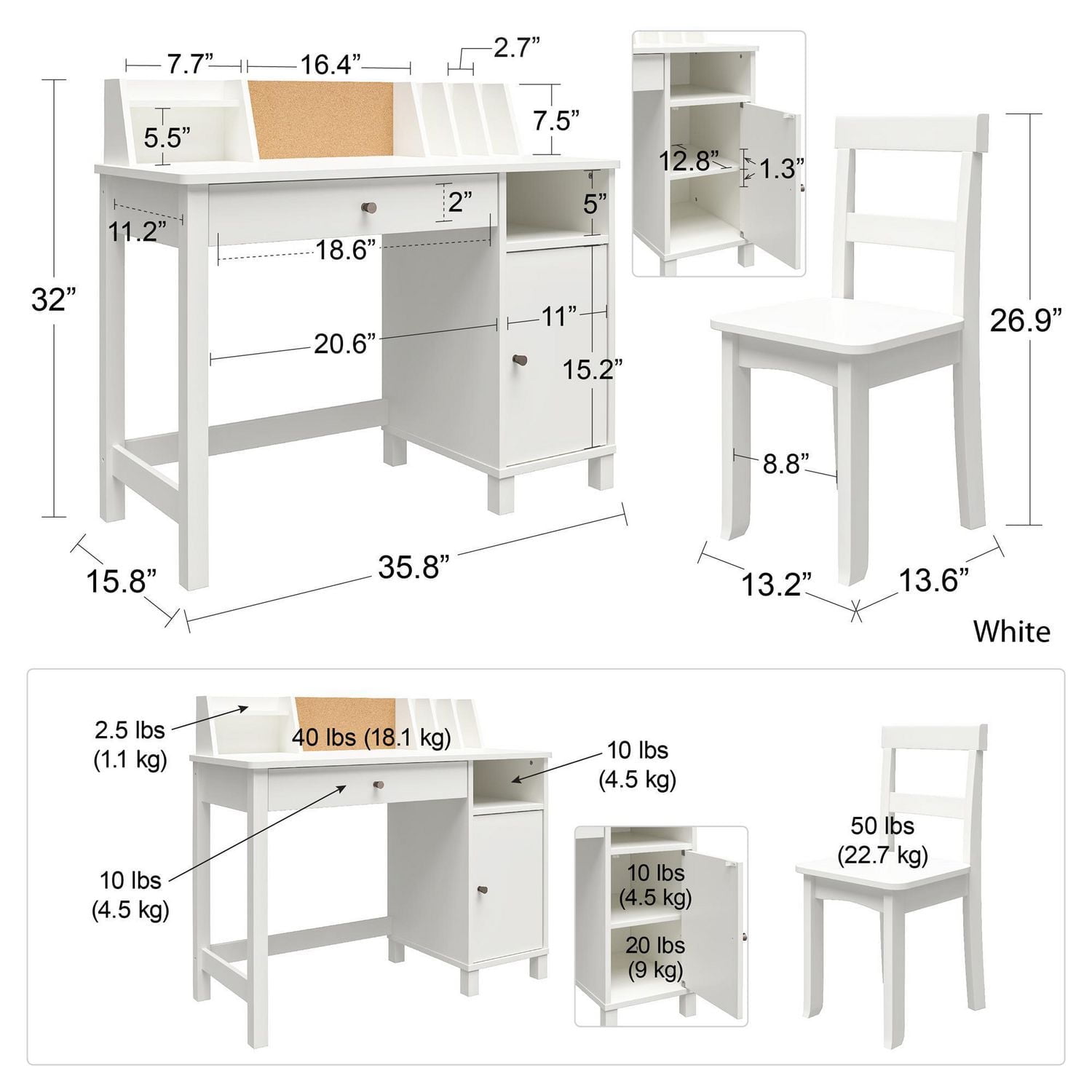Ameriwood Home Abigail Bureau pour enfants avec chaise, blanc