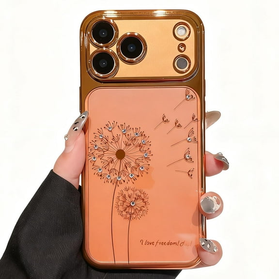 Dteck Clear Case for iPhone 17 Pro Max, Crystal Transparent Anti-Yellowing with Electroplated Edge, Dandelion Pattern Shockproof Protective Cover,Orange
