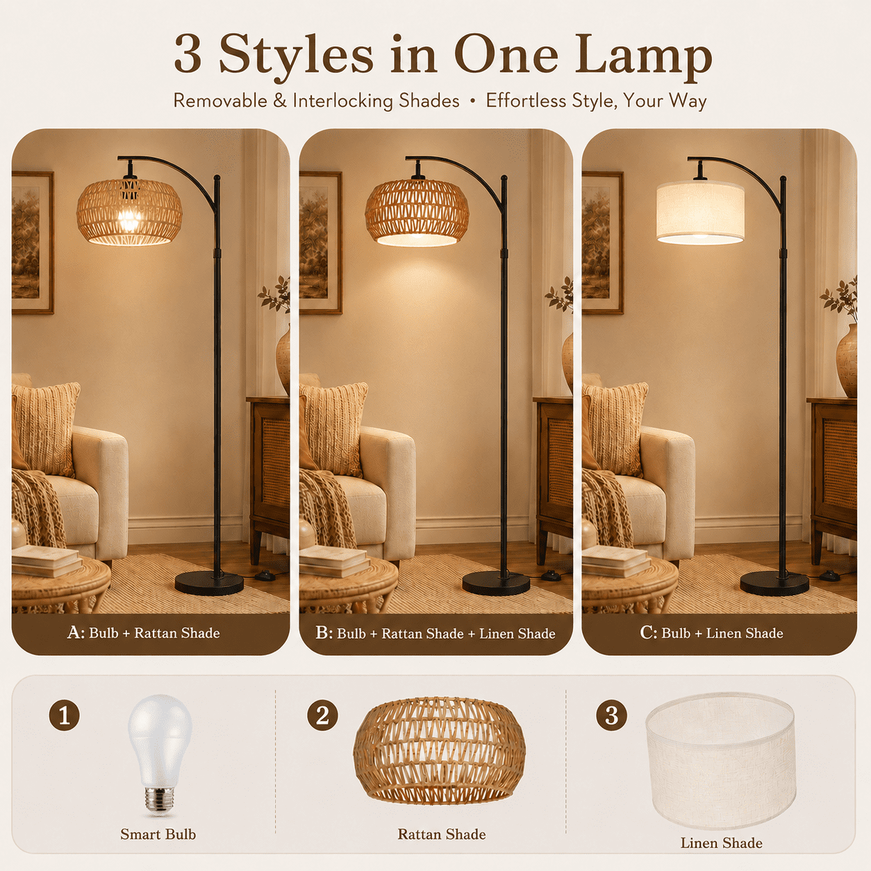 SERBASIC Boho Arc Floor Lamp for Living Room with Remote Control, Stepless Dimmable Rattan floor lamp with Liene Lampshade, Adjustable Standing Tall Lamp for Bedroom