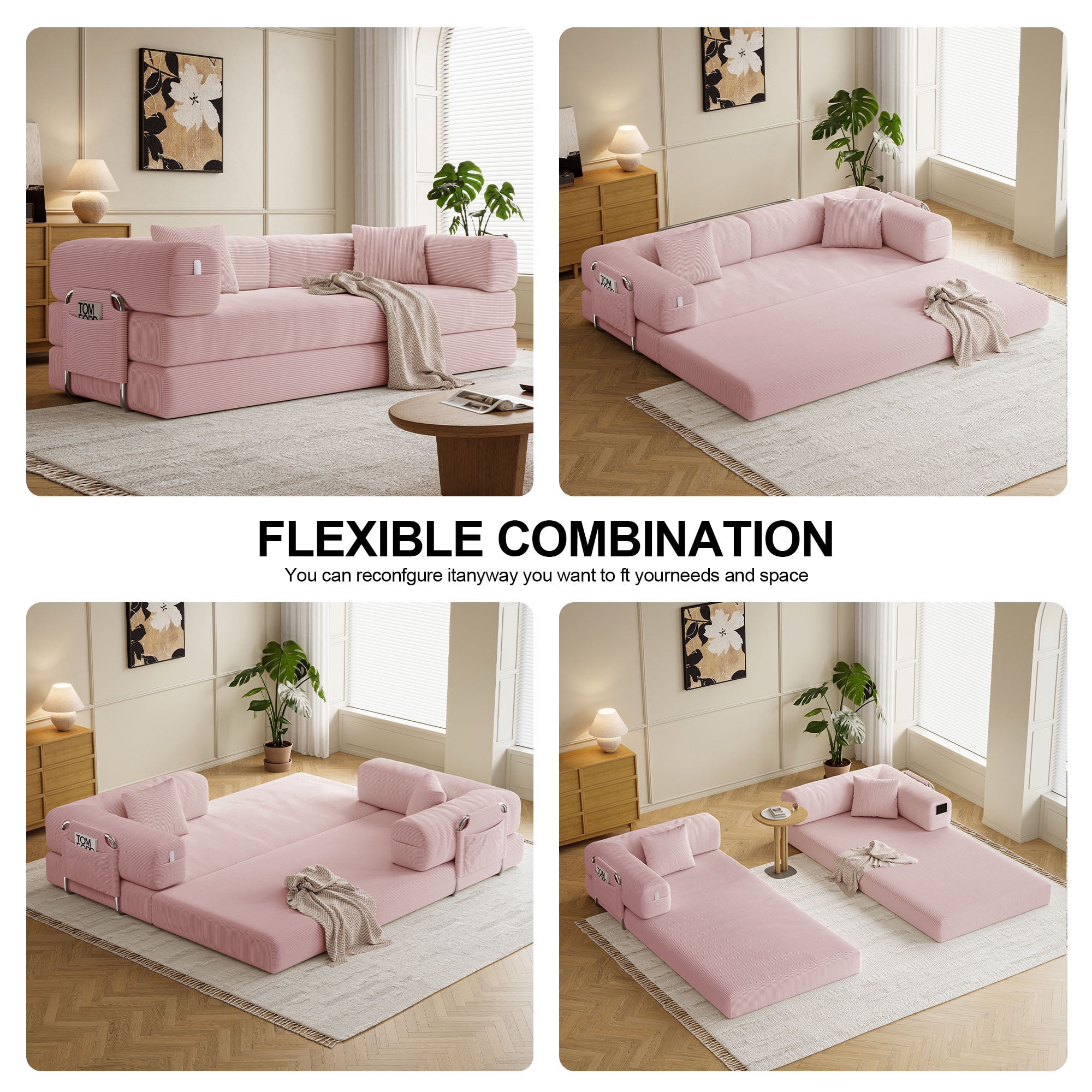 79" Convertible Sofa Bed ,CARZZI LIFE Compressed Floor Boneless Couch Modular Corduroy Sleeper Sofa, Folding Mattress Couch for Small Spaces - No Assembly Needed in Pink with Storge