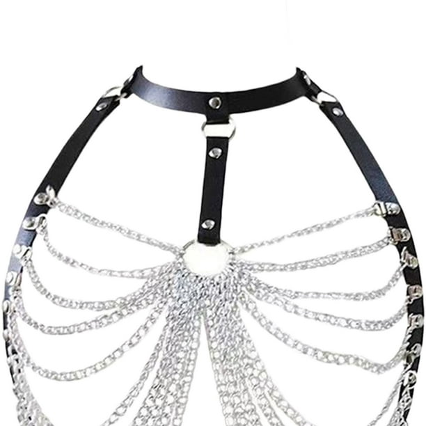 Fashion Body Chain Harness Belt Women Girls Accessory Synthetic Leather  Gothic Bra Punk Layered Chest Chain for Rave Party Roleplay 