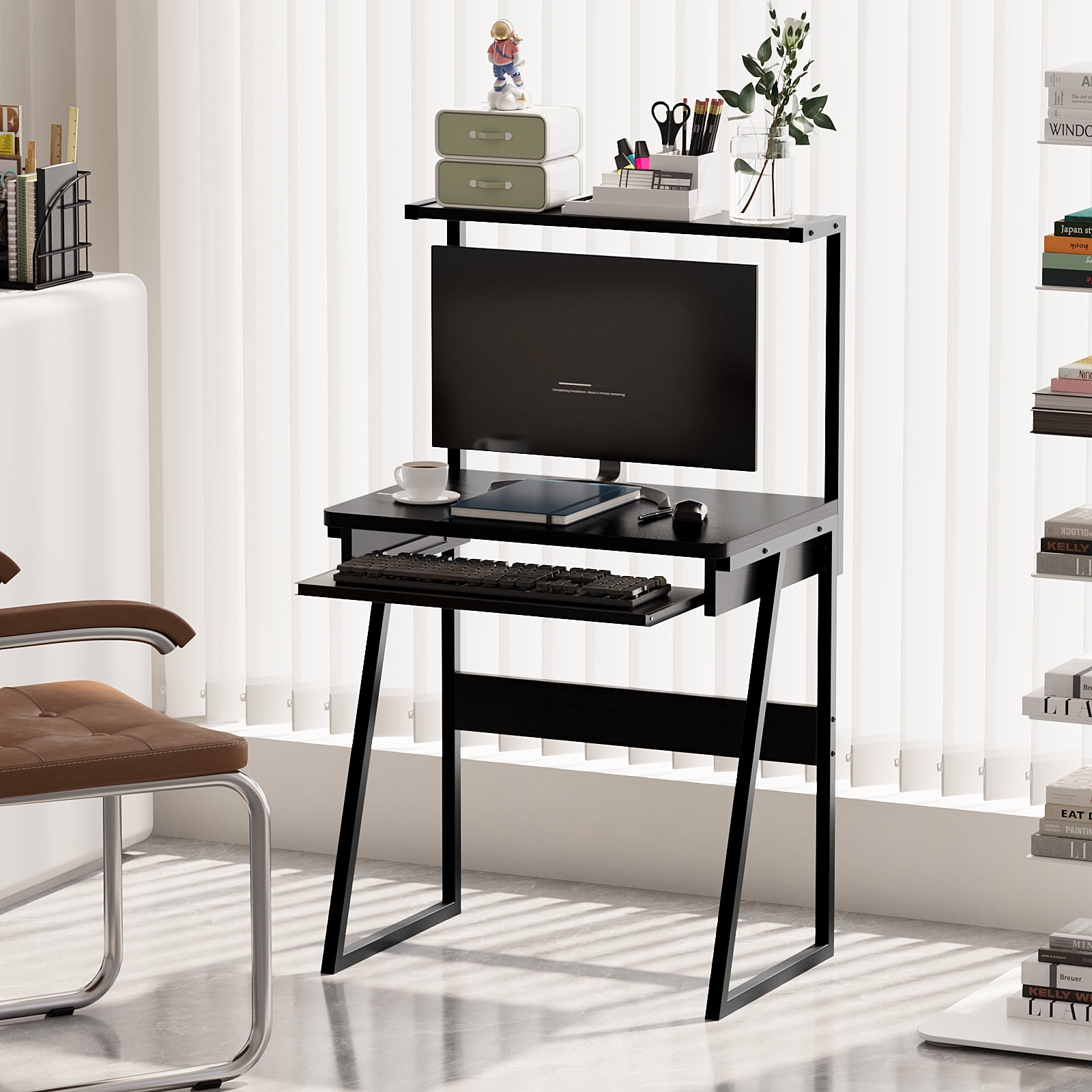 ALISENED 2 Tiers Small Computer Desk for Small Space, Compact Laptop Table Workstation with Keyboard Tray, Study PC Table for Home Office, Black