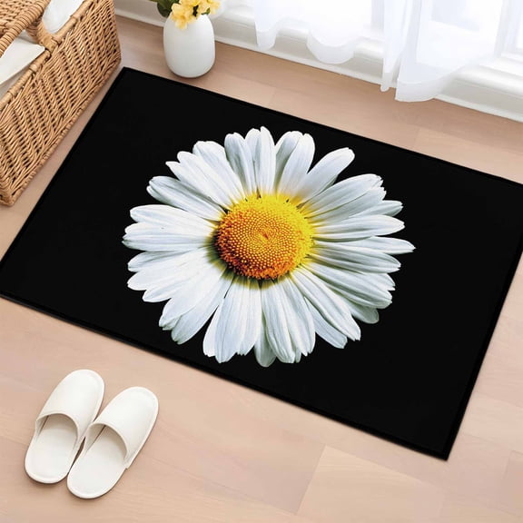 Spring Floral Bathroom Rug Washable 2x3 Entryway Rug Non Slip Daisy Summer Botanical Classic Black Front Door Mat Low Pile Indoor Doormat Throw Floor Carpet for Kitchen Bedroom Entrance