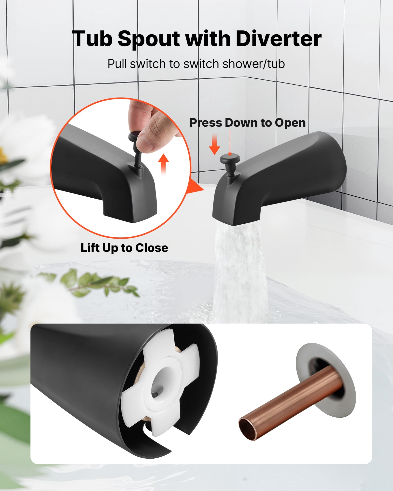 VEVOR Tub and Shower Faucet Set, Complete with 5-Inch Rainfall Shower Head and Bathtub Spout, 8-Setting Adjustable Spray, Single-Handle Tub Trim Kit with Brass Pressure Balancing Valve, Matte Black