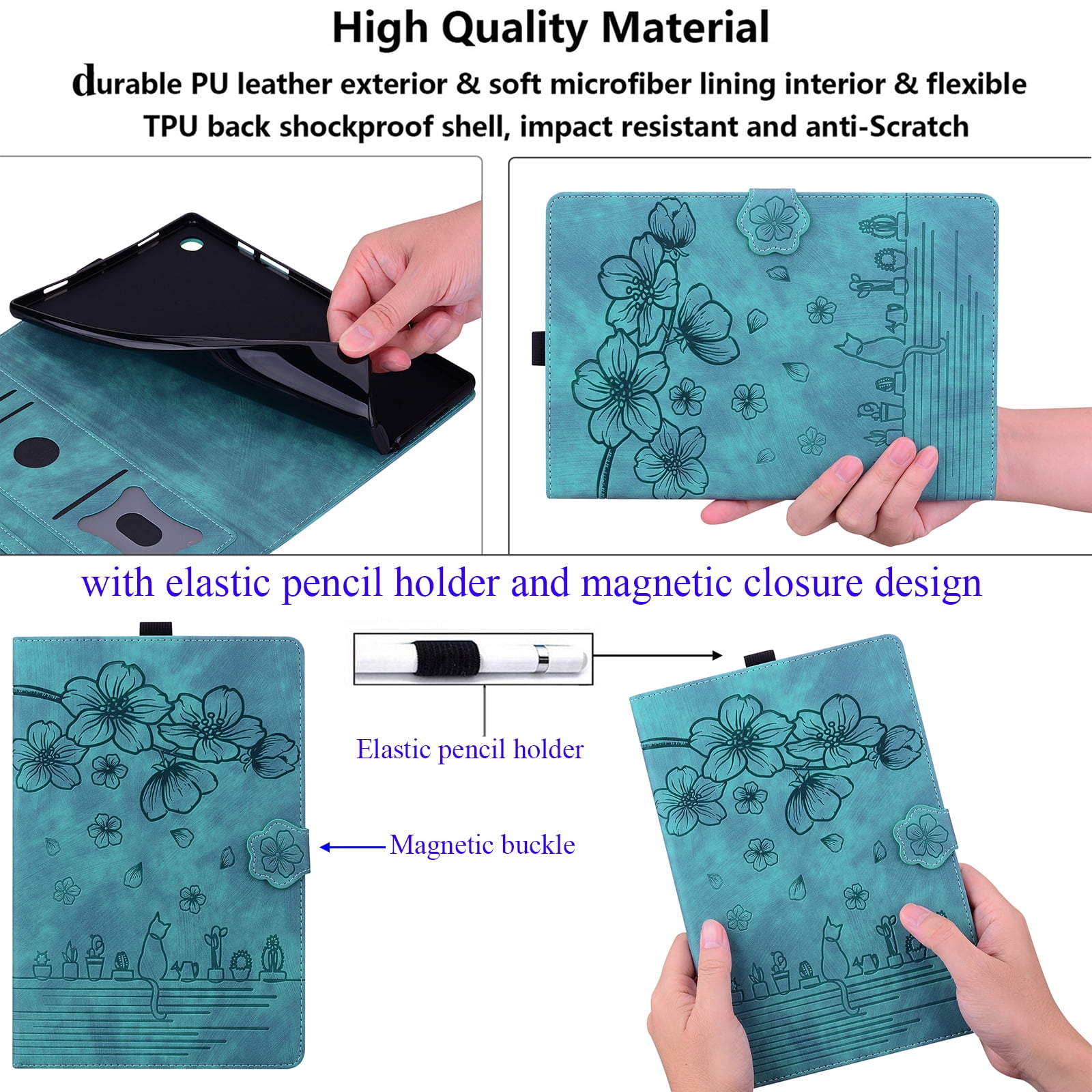 ChicShell for iPad 9th/8th/7th Generation Case 2021/2020/2019 Release with Stand/Pencil Holder/Pocket [Auto Wake/Sleep] Magnetic Smart Embossed Flower Folio Cover for 10.2", Cherry Blossom Green Cat