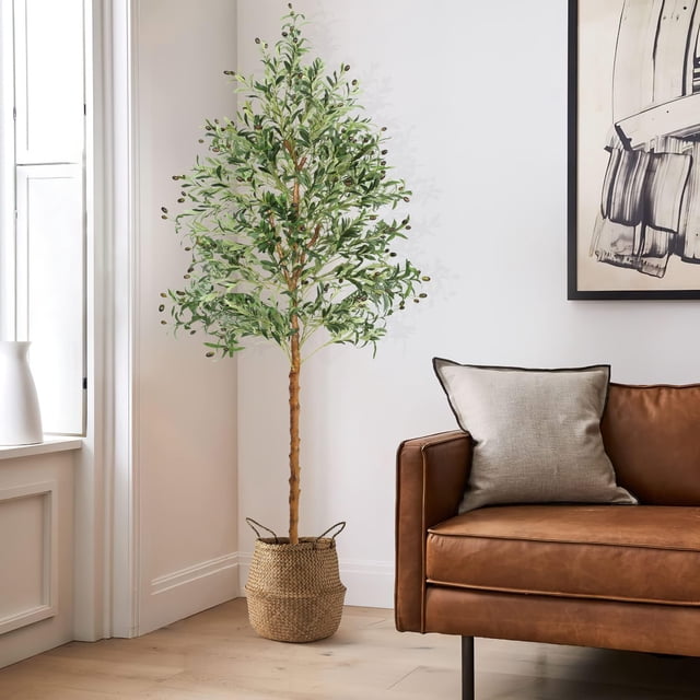 Yeshouse olivo artificial para interiores de 2,13 m, con frutos y hojas realistas y heno natural, resistente al agua, ideal para decorar hogar, sala de estar u oficina