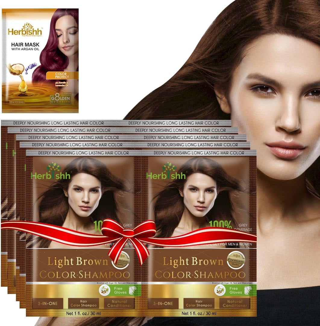 (6 pack) Herbishh Hair Color Shampoo for Gray Hair, Men & Women, Travel Size, 10+1 Pack (Light Brown 30 ml)