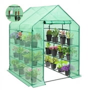 EAGLE PEAK Walk-in Greenhouse 2 Tiers 8 Shelves with Roll-up Zipper Door,2 Side Mesh Windows and Vertical Shelf, Outdoor Indoor Gardening Plant House 56''x56''x76'' , Green