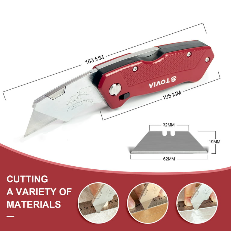T Tovia Folding Utility Knife Quick Change Box Cutter, 3-Position Retractable Blades, Blade Storage Design with Extra 3 Blades, Box Knife for Cartons