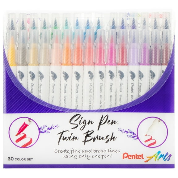 Sign Pen Twin Brush, 30-Pack, Assorted Colors, Plastic Box
