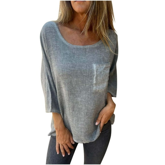 STETMN Cotton Linen Top for Women Casual Boat Neck Lightweight Tops 3/4 Sleeve Fall Loose T-Shirt