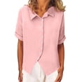 thumbnail image 3 of Pxxlle Button Down Shirts for Women Business Casual Short Sleeve Shirt Solid Color Curved Hem Blouses Dressy Lapel Tops Pink XXL, 3 of 10