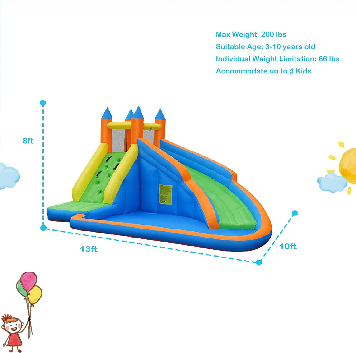 OLAKIDS Inflatable Water Slide, Bounce House Water Park with Slide Climbing Wall Splash Pool, Indoor Outdoor Jumping Castle Obstacle Course for Kids Backyard with Carrying Bag Repairing Kit Stakes