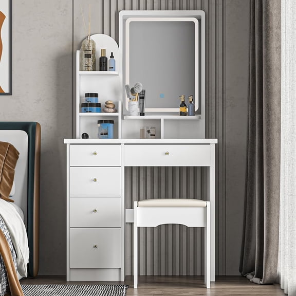 Vanity Table Set with Lighted Mirror, Makeup Table with 3 Shelves and 5 Drawers, Dressing Vanity Tables, Dresser Desk for Girls, Women, White