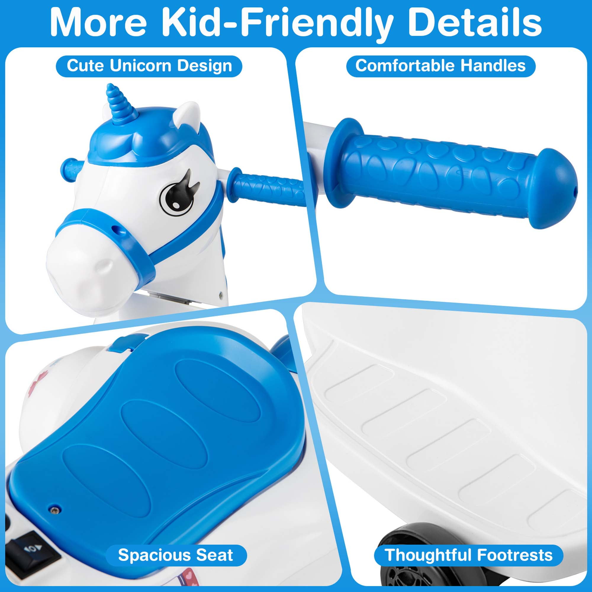 Costway 12V Kids Ride on Unicorn Toy with Training Wheels Music One-button Start Horse Toy Blue