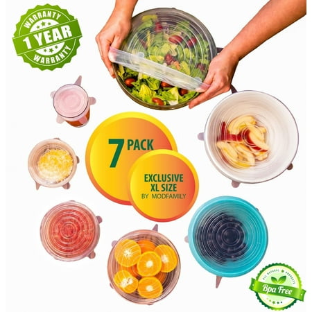 Silicone Stretch Lids (7 pack, includes EXCLUSIVE XL SIZE), Reusable, Durable and Expandable to Fit Various Sizes and Shapes of Containers. Superior for Keeping Food Fresh, Dishwasher and Freezer