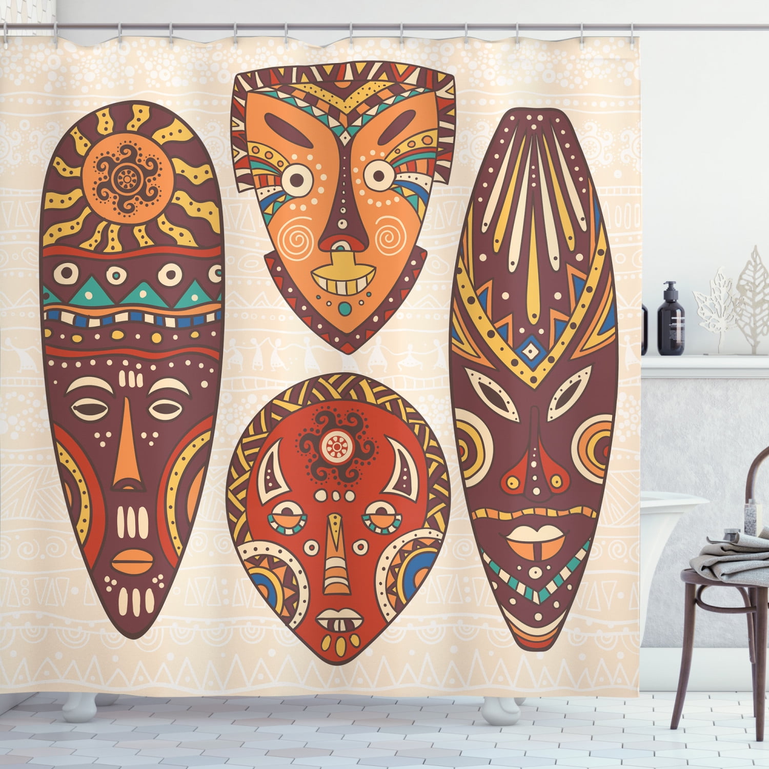 Tiki Bar Shower Curtain, Mask Designs African Aborigine Artwork Patterns Cultural Ethnic