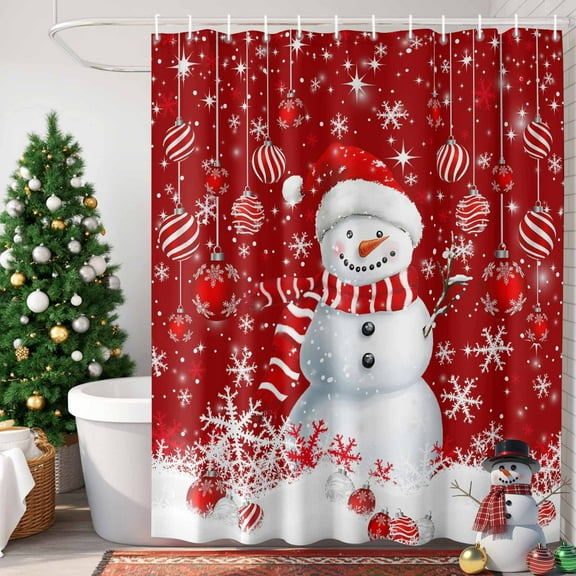 Christmas Red Snowman Shower Curtain, 48" x 72", Xmas Balls Snowflake Waterproof Bathroom Curtain Washable Shower Curtain Set with 12 Hooks